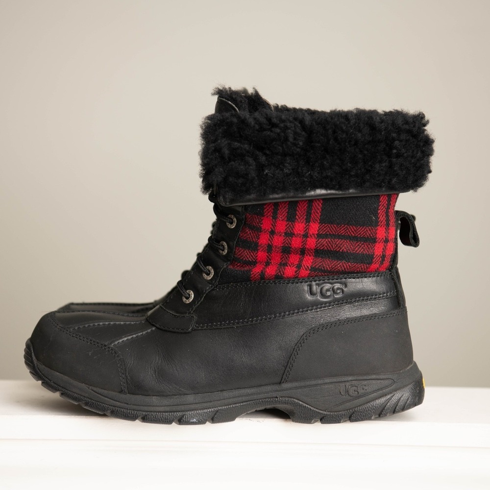 UGG Winter Boots Red Buffalo Plaid Men 12 Sheepskin Cabin Lodge Rugged Warm Cozy